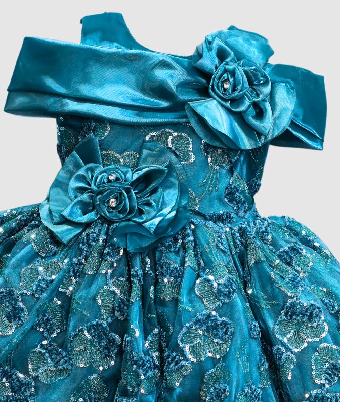 Turquoise Blue Floral Embroidered Party Wear Dress for Girls