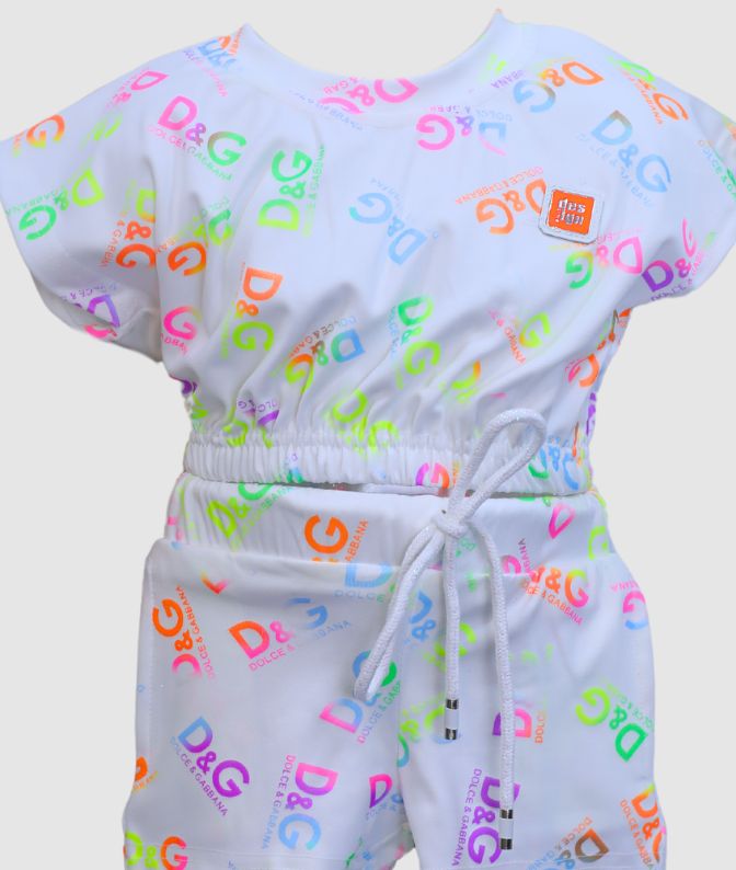 White Multi-Color Printed Co-Ord Shorts Set for Girls