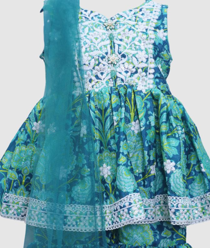 Teal Blue Floral Embroidered Ethnic Dress with Dupatta for Girls