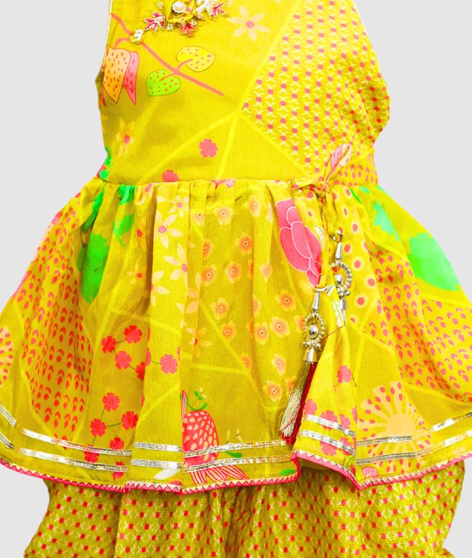 Bright Yellow Printed Festive Ethnic Dress for Girls