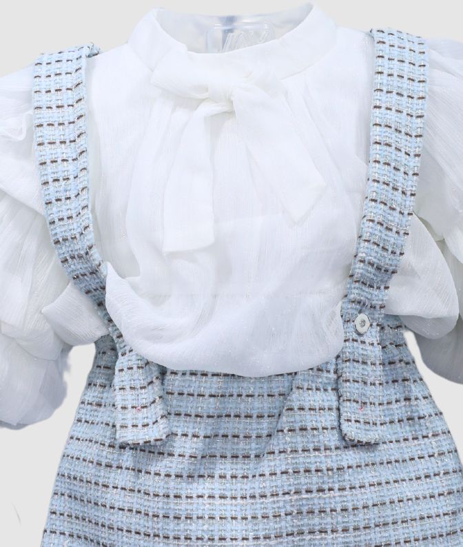 White Bow Top with Blue Tweed Suspender Skirt Set for Girls