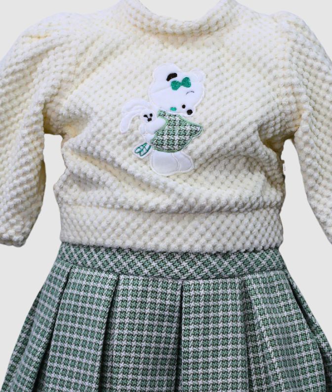 Cream Winter Top with Green Tweed Pleated Skirt Set for Girls