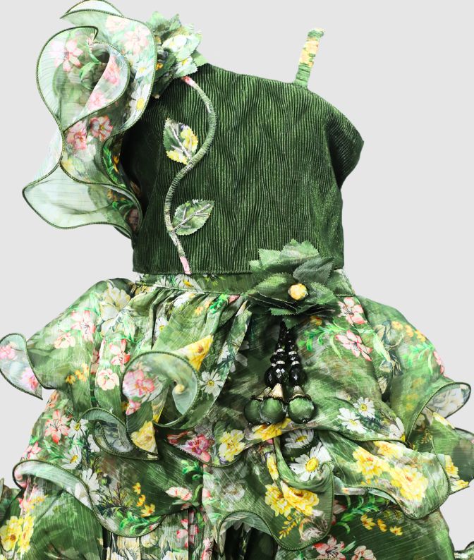 Designer Green Floral Ruffled Party Wear Dress for Girls