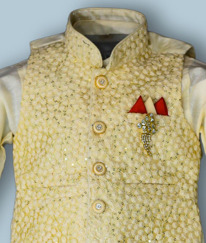 Cream Sequin Embroidered Kurta Jacket Set for Boys