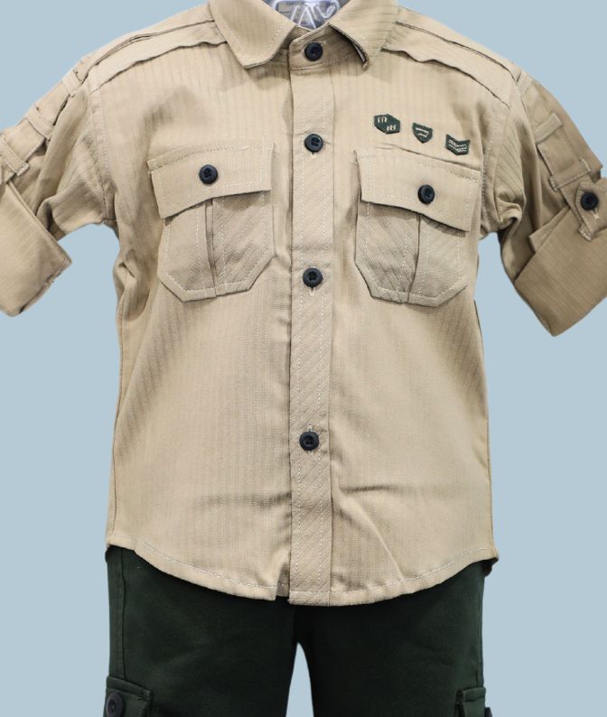 Beige Military-Style Shirt with Dark Green Cargo Pants Set for Boys