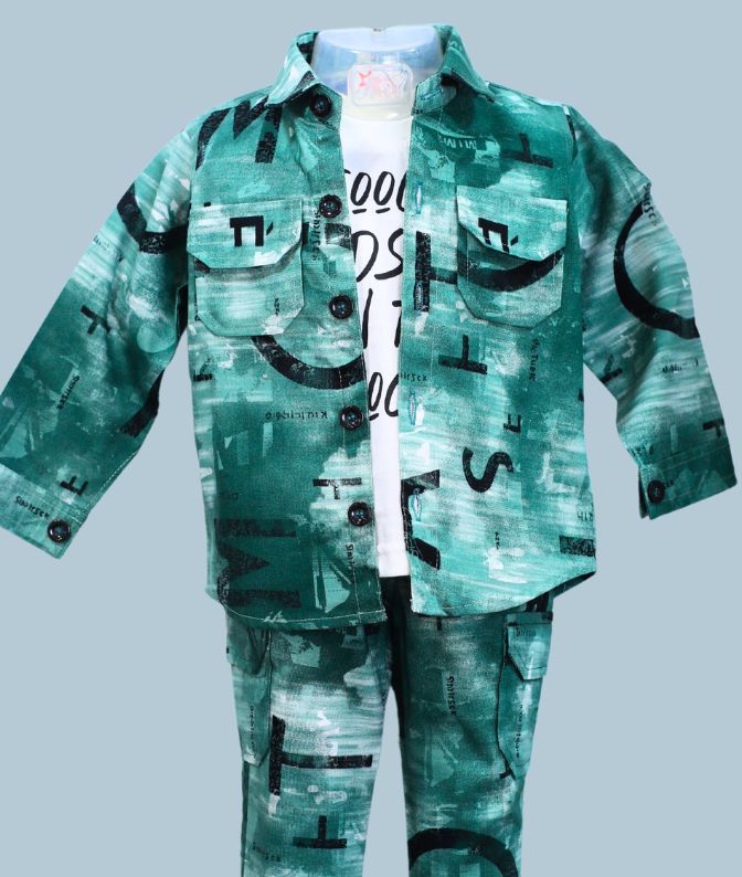Green Printed Full-Sleeve Shirt & Pant Co-Ord Set for Boys