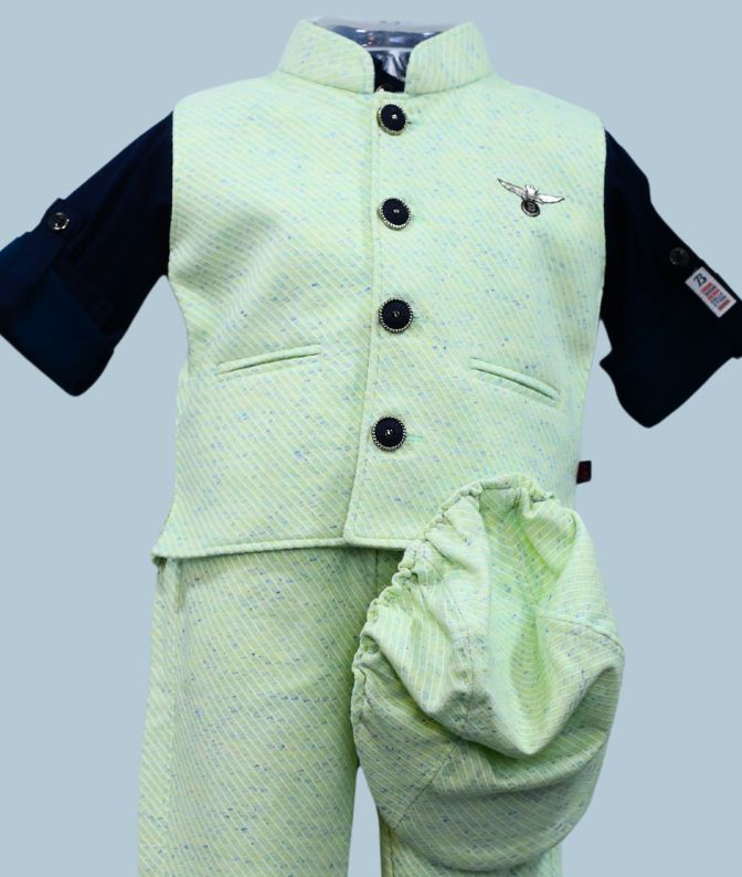 Light Green Jacket & Pant Ethnic Set with Navy Inner Shirt for Boys
