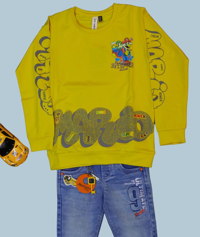 Yellow Mario Printed Sweatshirt with Blue Denim Jeans Set for Boys