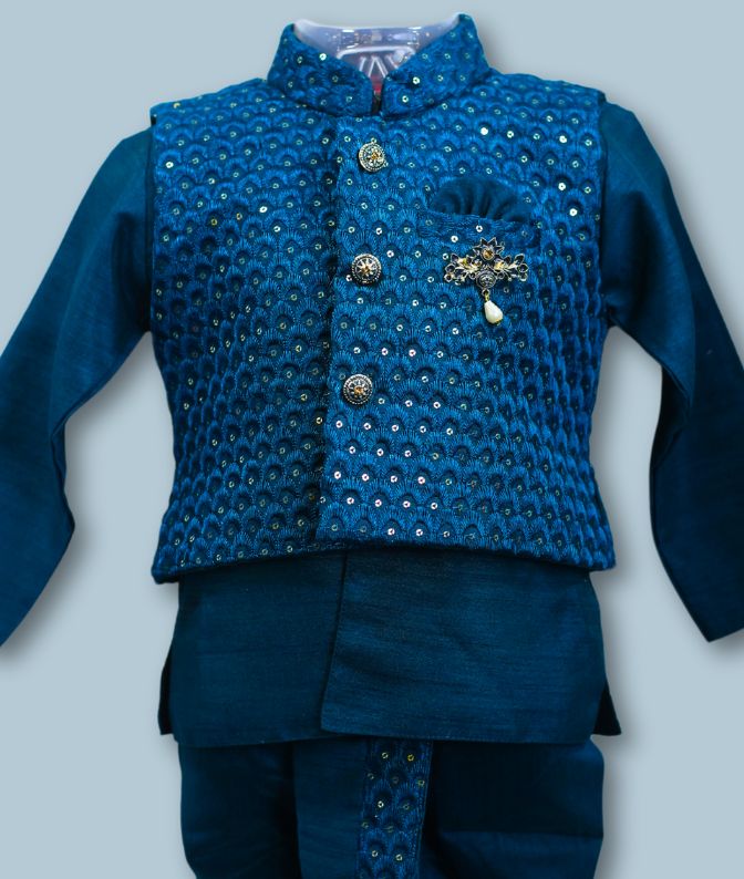 Royal Blue Stone-Embroidered Dhoti Kurta Jacket Set for Boys