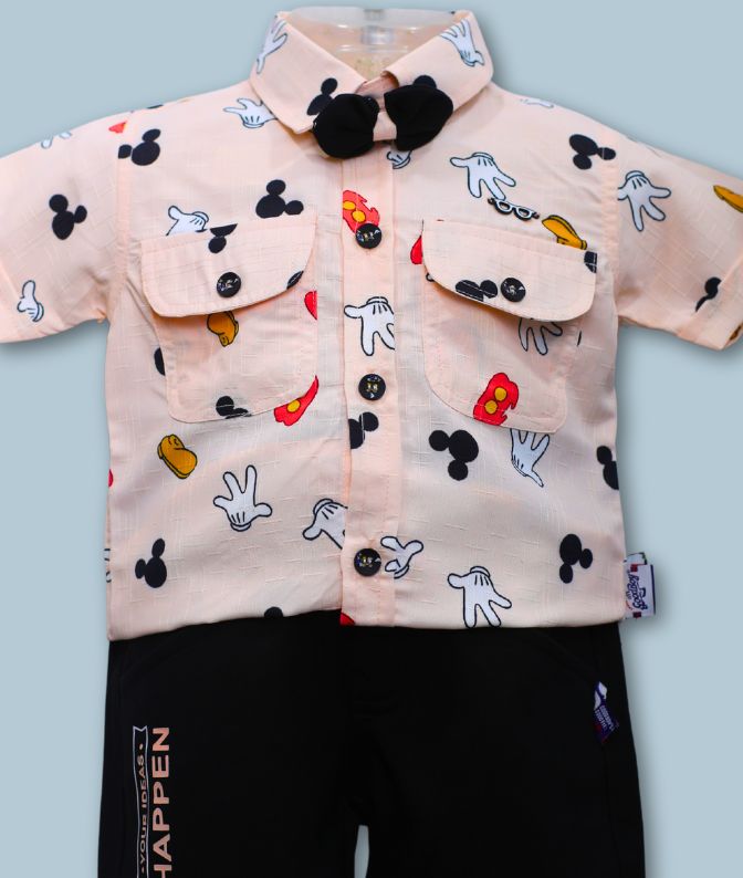 Peach Cartoon Printed Shirt with Black Shorts & Bow Tie Set for Boys  2. p_slug