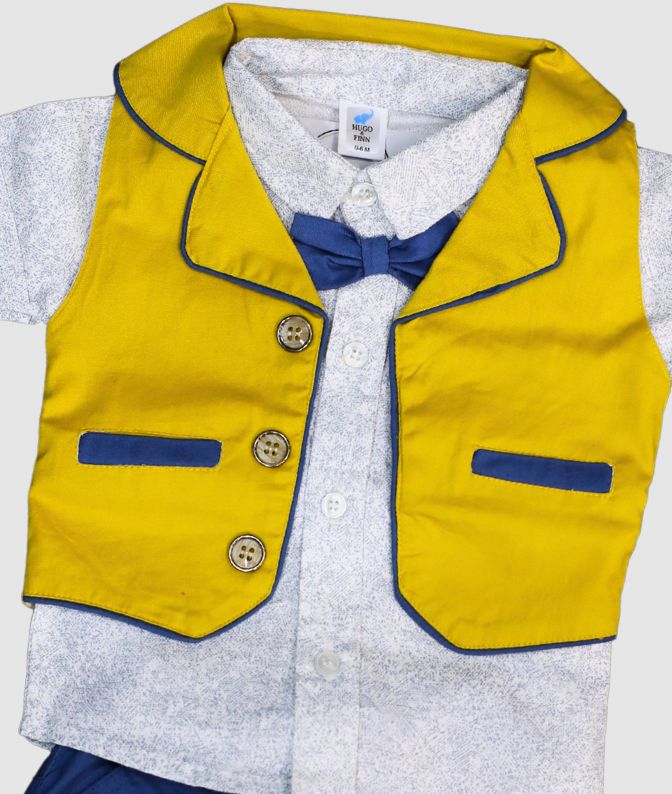 Yellow Vest with Blue Shorts & Bow Tie Shirt Set for Boys