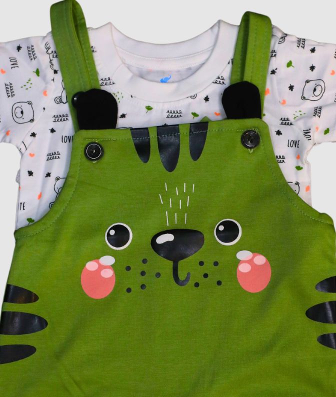Green Animal Print Dungaree Romper Set with White T‑Shirt for Babies