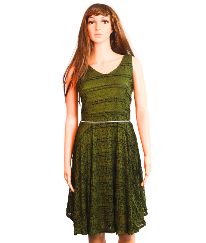 Olive Green Sleeveless Lace Fit & Flare Dress for Women