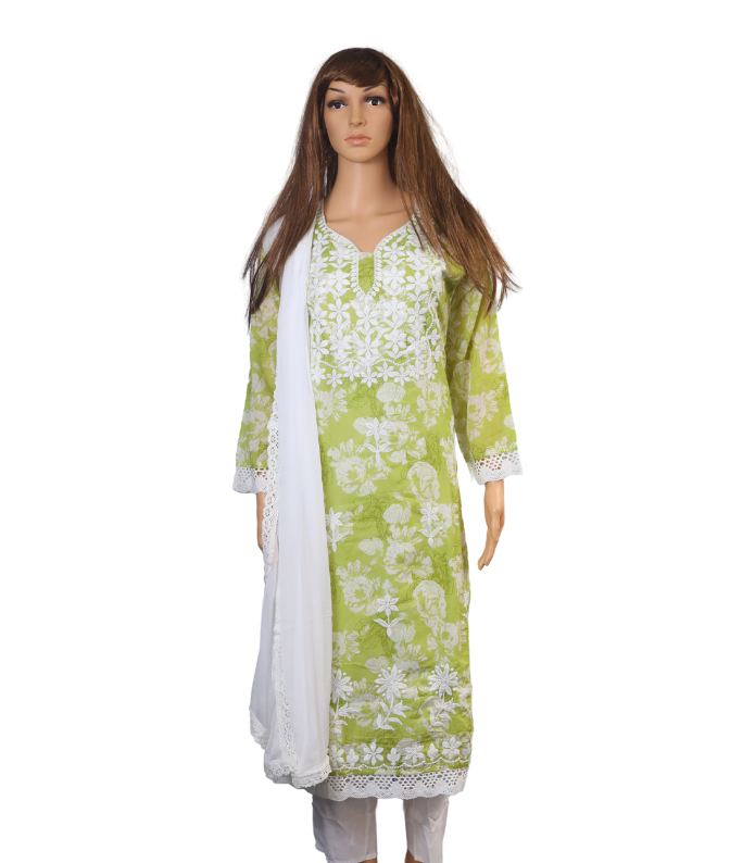Light Green Chikankari-Style Embroidered Kurti Set with White Dupatta for Women