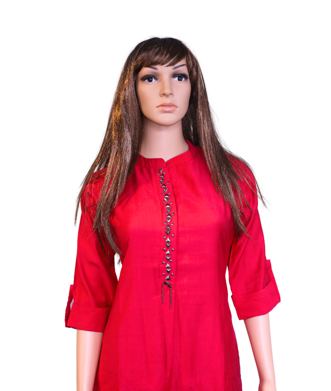 Red Solid Straight Kurti with Mirror Work for Women