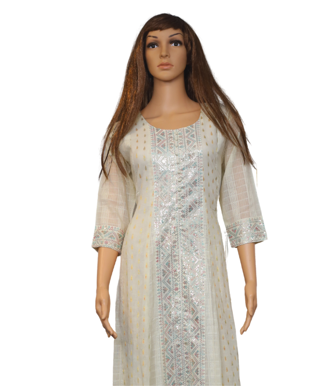 White Pastel Embroidered Sequin Long Kurti for Women