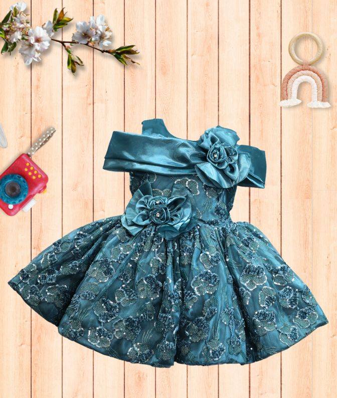 Turquoise Blue Floral Embroidered Party Wear Dress for Girls