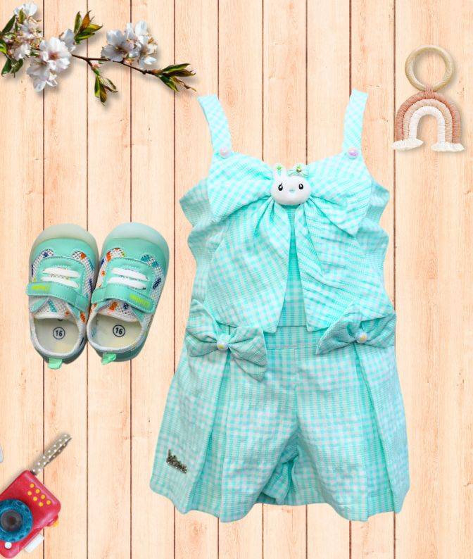 Mint Green Checked Cute Bow Frock for Girls
