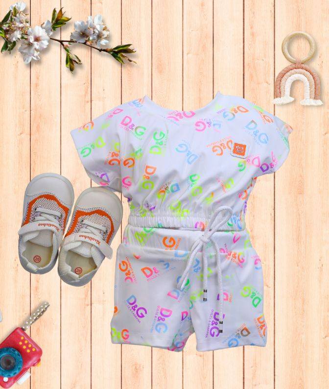 White Multi-Color Printed Co-Ord Shorts Set for Girls