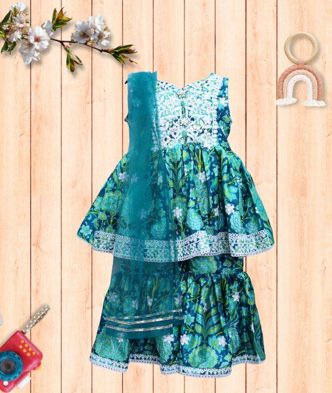 Teal Blue Floral Embroidered Ethnic Dress with Dupatta for Girls