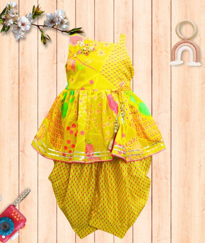 Bright Yellow Printed Festive Ethnic Dress for Girls