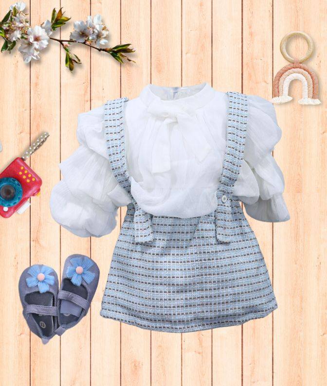 White Bow Top with Blue Tweed Suspender Skirt Set for Girls