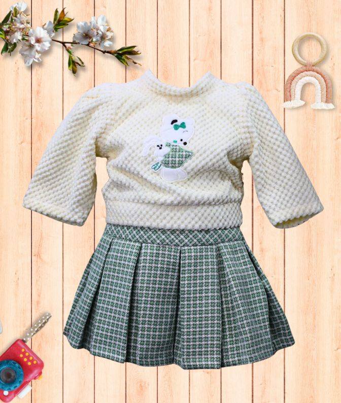 Cream Winter Top with Green Tweed Pleated Skirt Set for Girls