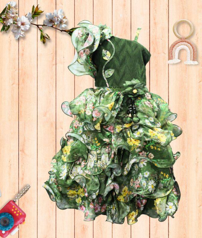 Designer Green Floral Ruffled Party Wear Dress for Girls