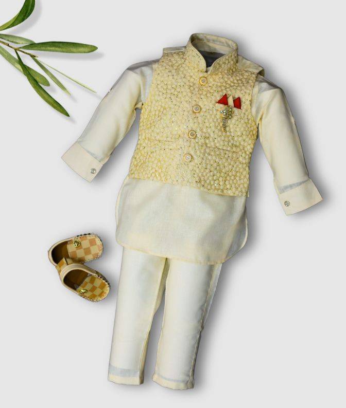 Cream Sequin Embroidered Kurta Jacket Set for Boys