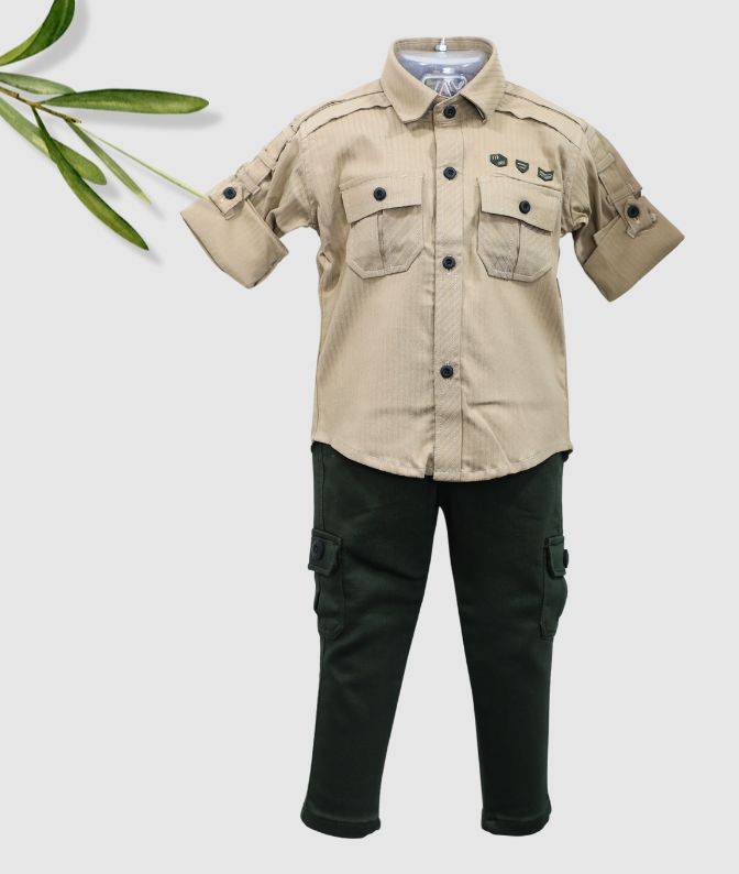 Beige Military-Style Shirt with Dark Green Cargo Pants Set for Boys