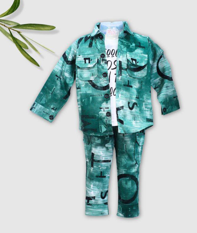 Green Printed Full-Sleeve Shirt & Pant Co-Ord Set for Boys