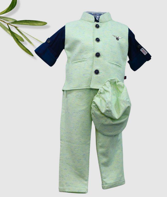 Light Green Jacket & Pant Ethnic Set with Navy Inner Shirt for Boys