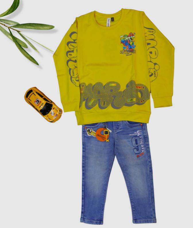 Yellow Mario Printed Sweatshirt with Blue Denim Jeans Set for Boys
