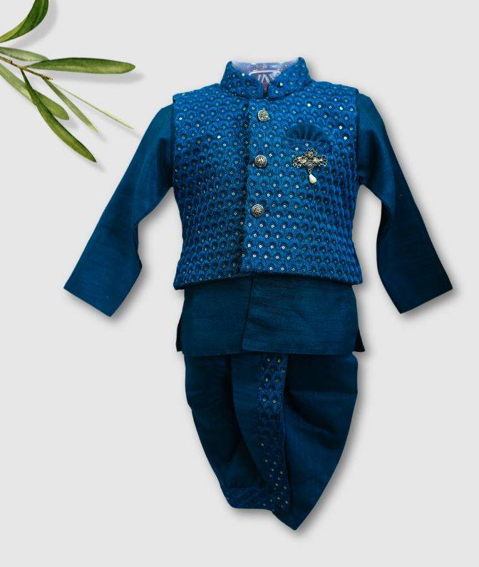 Royal Blue Stone-Embroidered Dhoti Kurta Jacket Set for Boys
