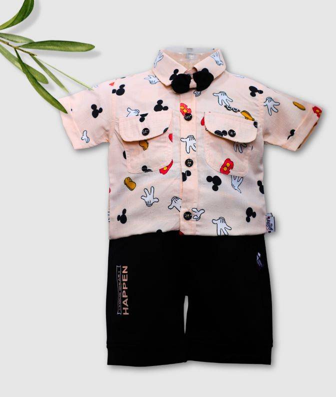 Peach Cartoon Printed Shirt with Black Shorts & Bow Tie Set for Boys  2. p_slug