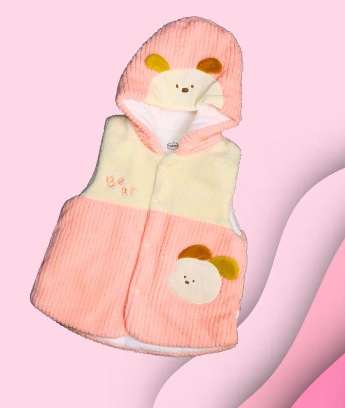 Peach & Cream Bear Hooded Winter Sleeveless Jacket for Babies