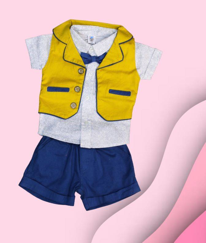 Yellow Vest with Blue Shorts & Bow Tie Shirt Set for Boys