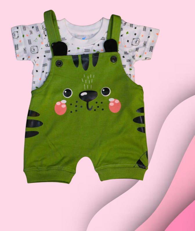 Green Animal Print Dungaree Romper Set with White T‑Shirt for Babies