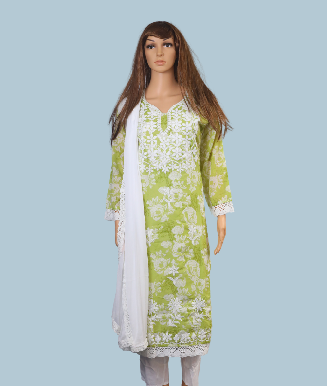Light Green Chikankari-Style Embroidered Kurti Set with White Dupatta for Women