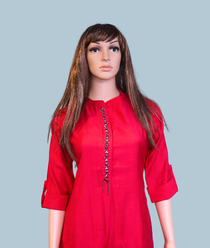 Red Solid Straight Kurti with Mirror Work for Women