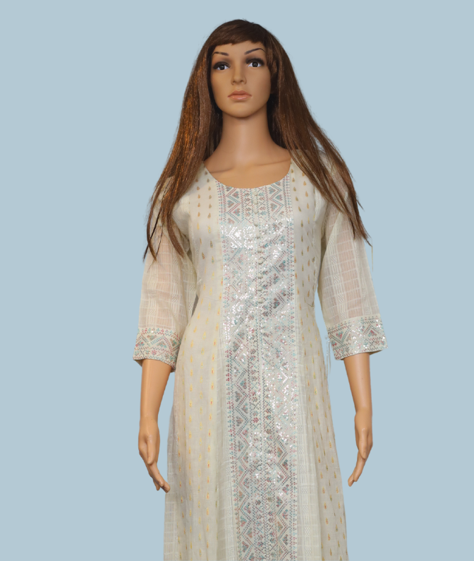 White Pastel Embroidered Sequin Long Kurti for Women